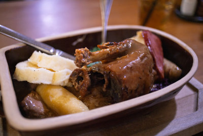 Roast duck with bread dumplings and red cabbage — Prague, Czech Republic