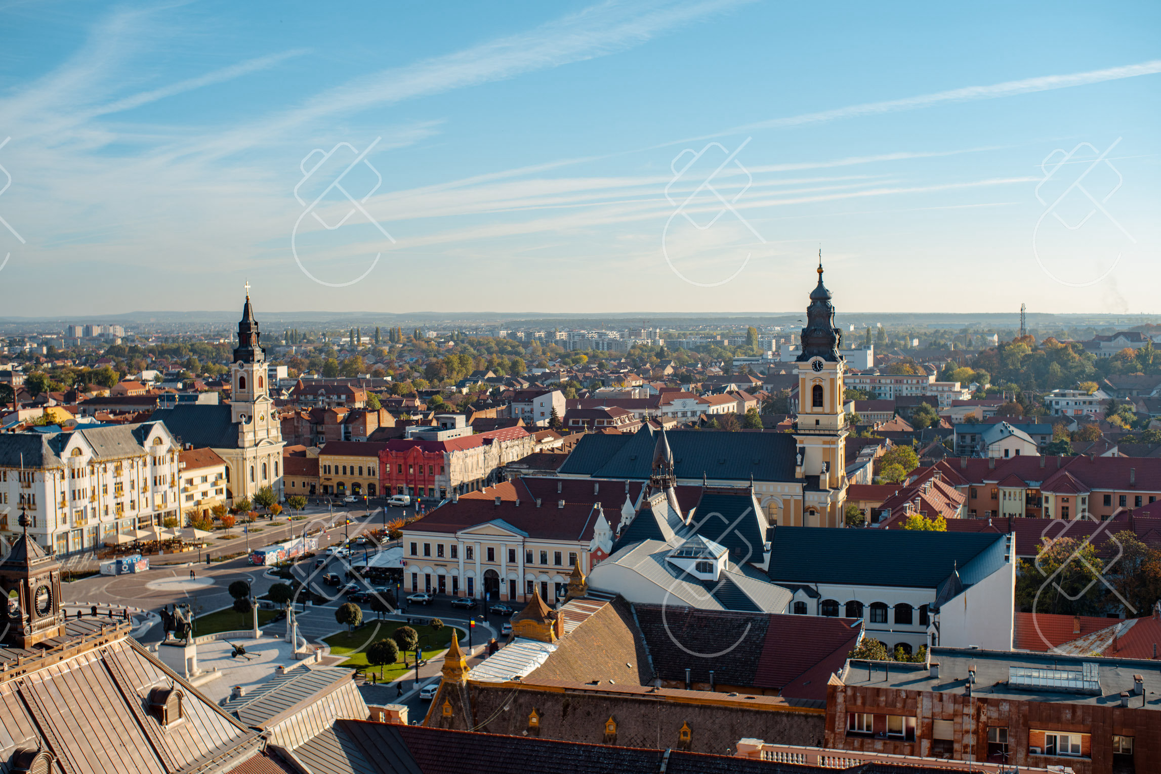 Union Square from above, with the twin towers of St. Ladislaus Church — Oradea, fine art travel photography print available from Clever Tourists