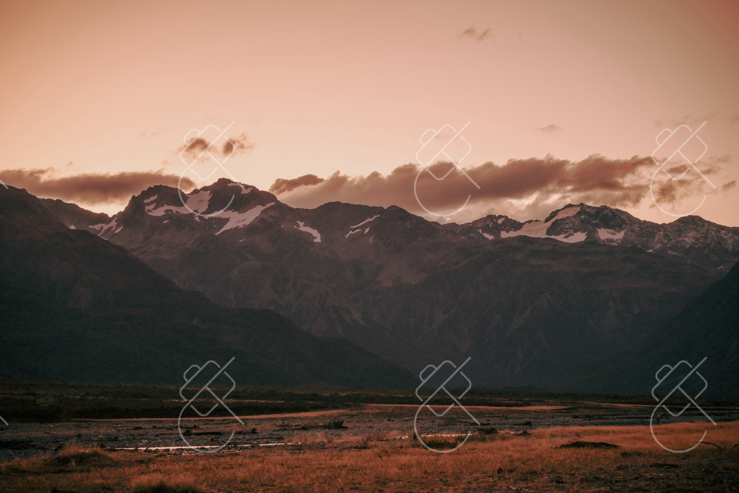 Alpenglow over the Southern Alps at dusk — Arthur's Pass, fine art travel photography print available from Clever Tourists