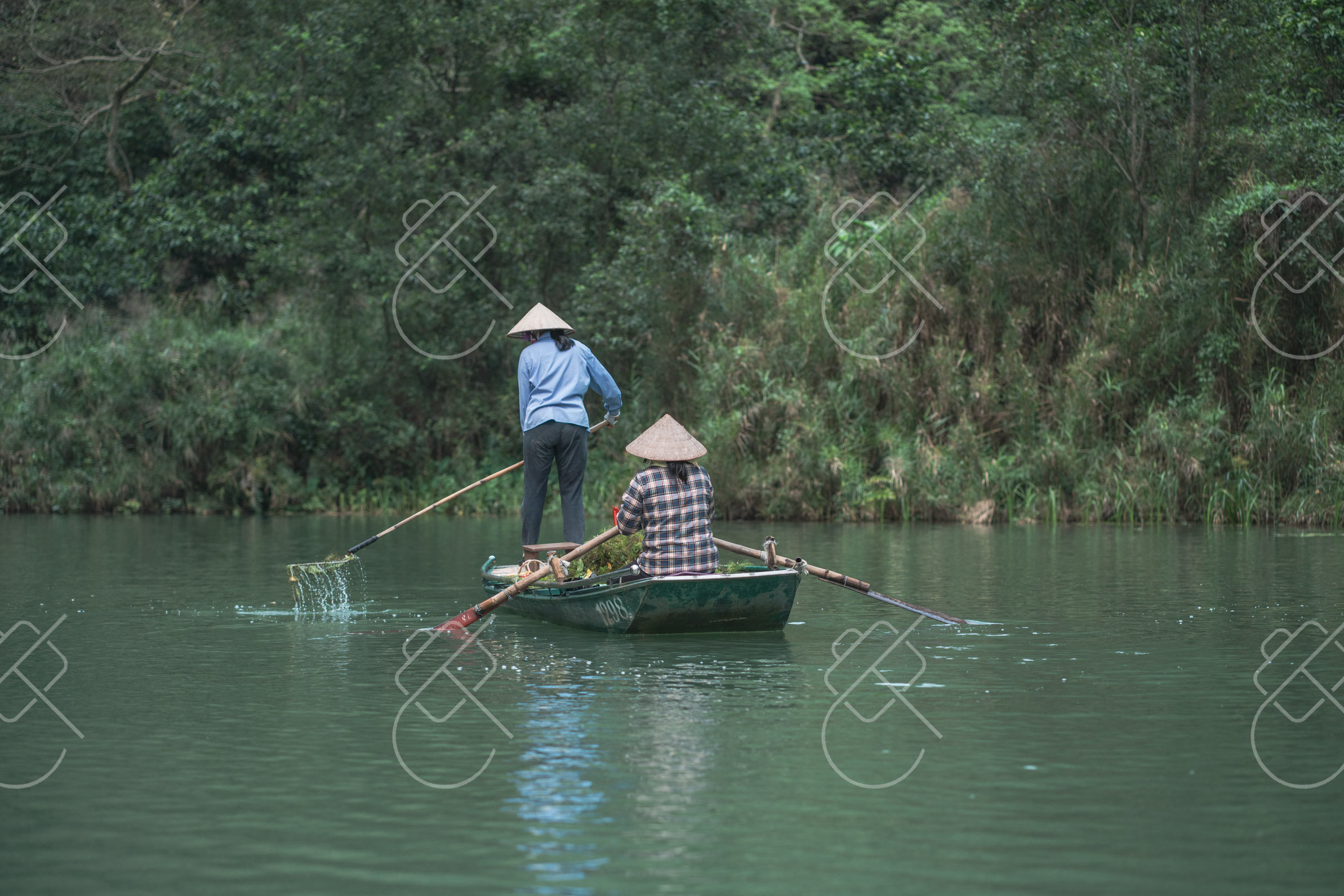 A local rower moving through Ninh Binh's still green water — Trang An & Hoa Lu, fine art travel photography print available from Clever Tourists