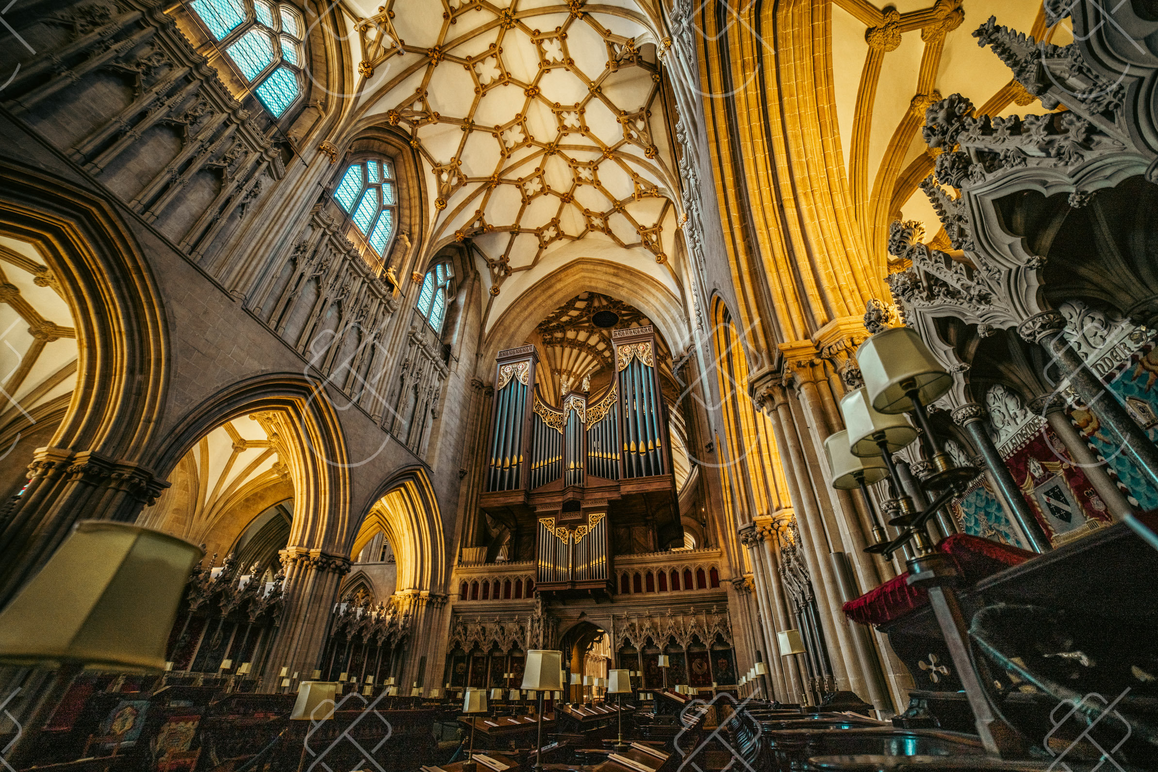 Organ pipes and gilded vaulting above the quire inside Wells Cathedral — Wells, fine art travel photography print available from Clever Tourists