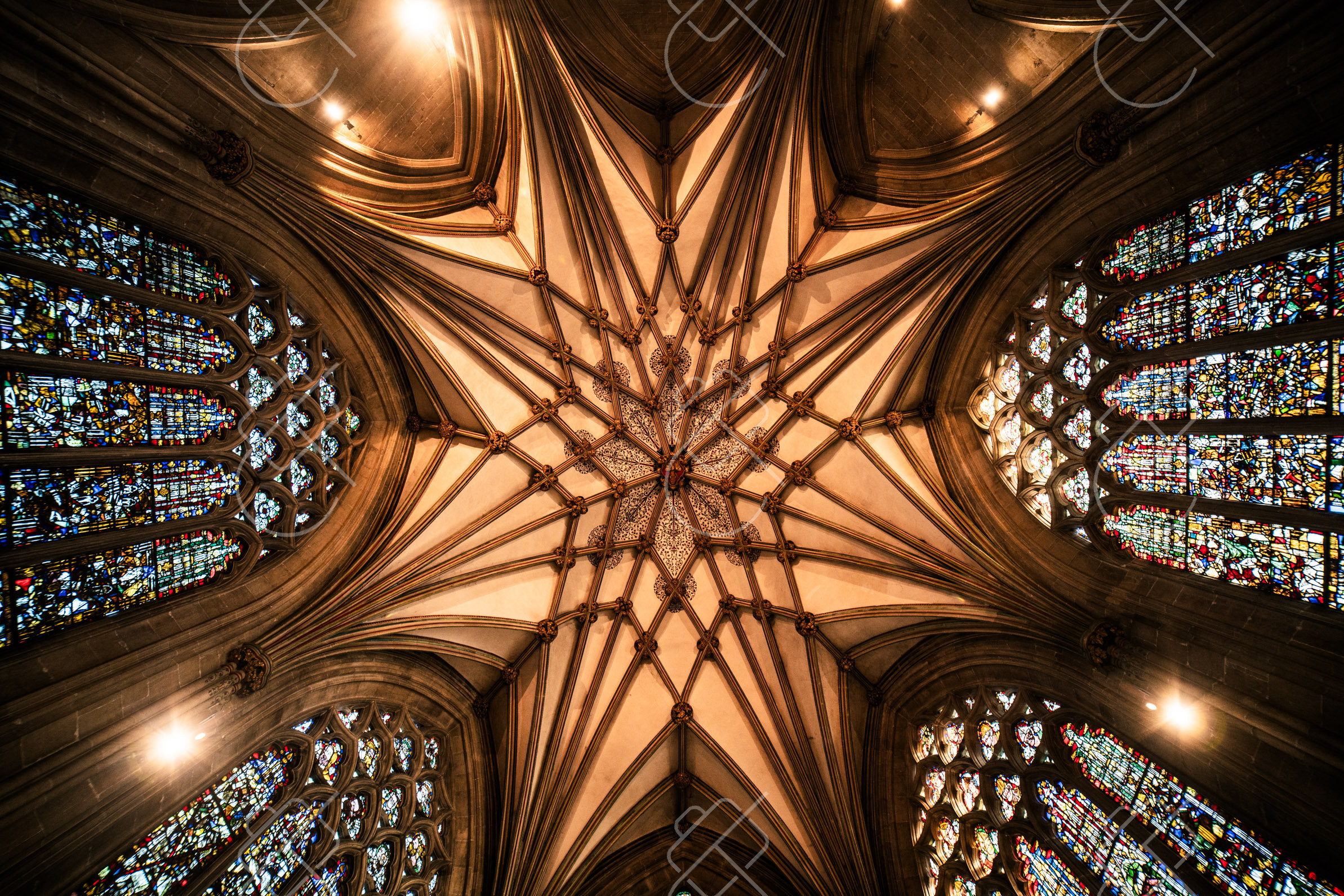 The chapter house vault fanning out from its central shaft above the stained glass — Wells, fine art travel photography print available from Clever Tourists